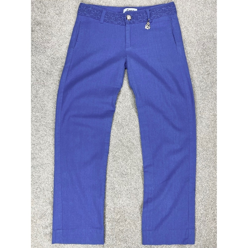 Ixos Linen Crochet Waist Straight Leg Pants Women M Blue Coastal Breathable Chic